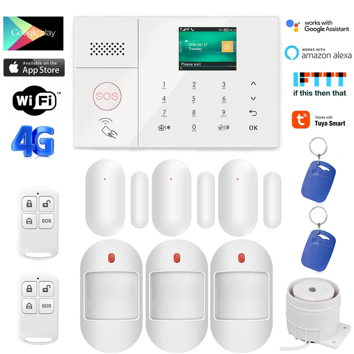 Smart Tuya APP WiFi+US 4G Wireless DIY Home Security Alarm System+Alexa+Google