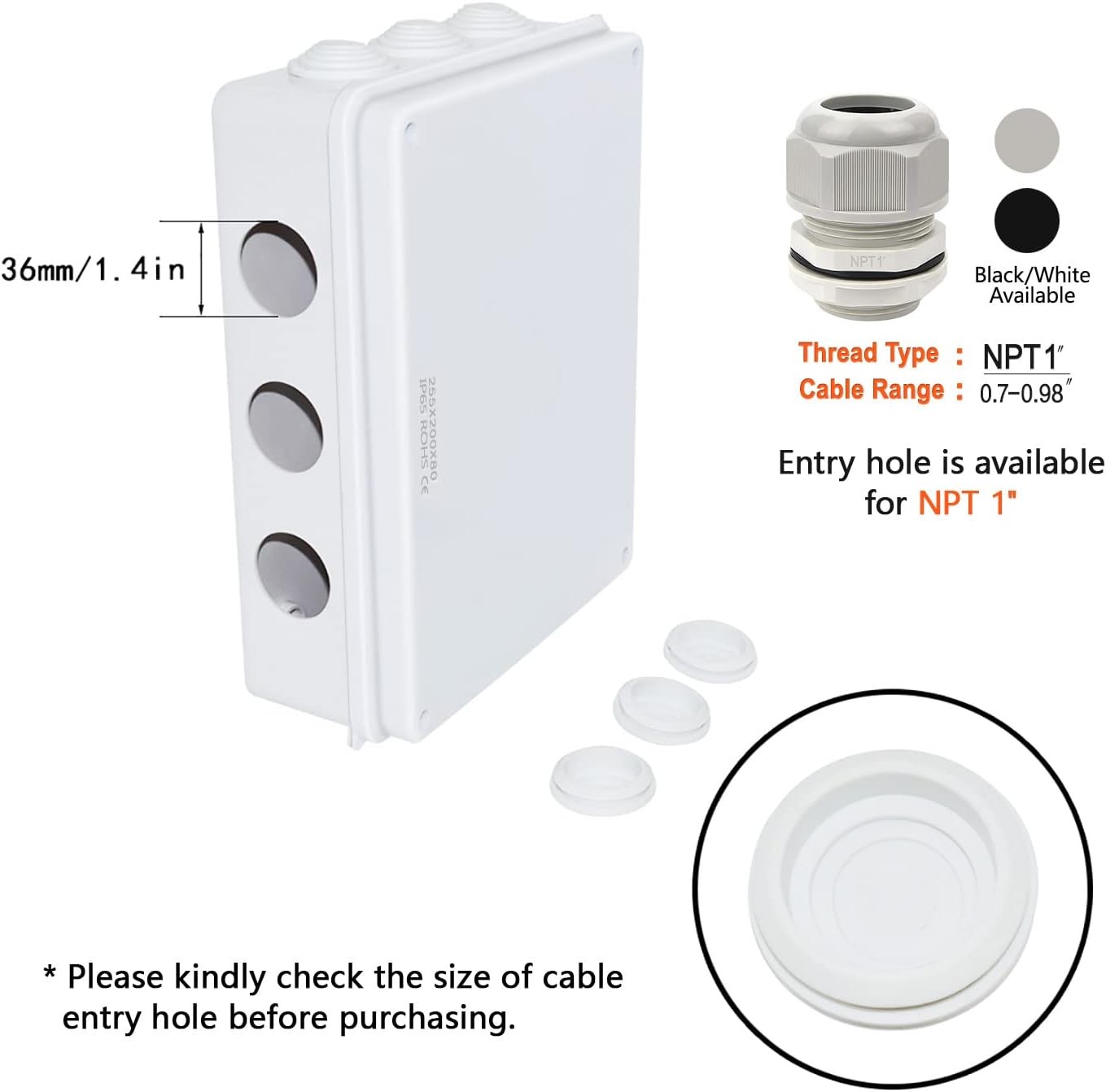 LeMotech Junction Box, ABS Plastic IP65 10″ x 7.9″ x 3.1″ (1pc), White
