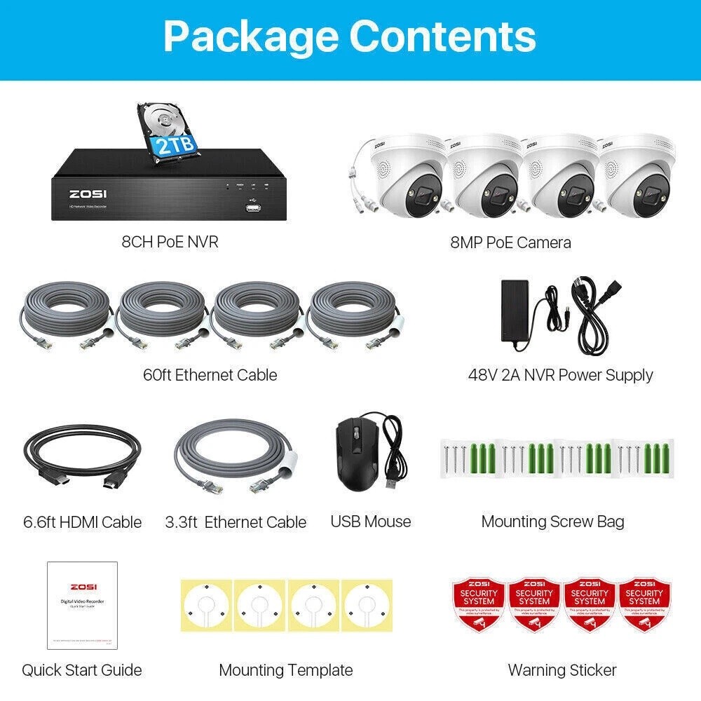 ZOSI 8CH 4K NVR 8MP POE Security IP Camera System Color NightVision IP66 2TB HDD