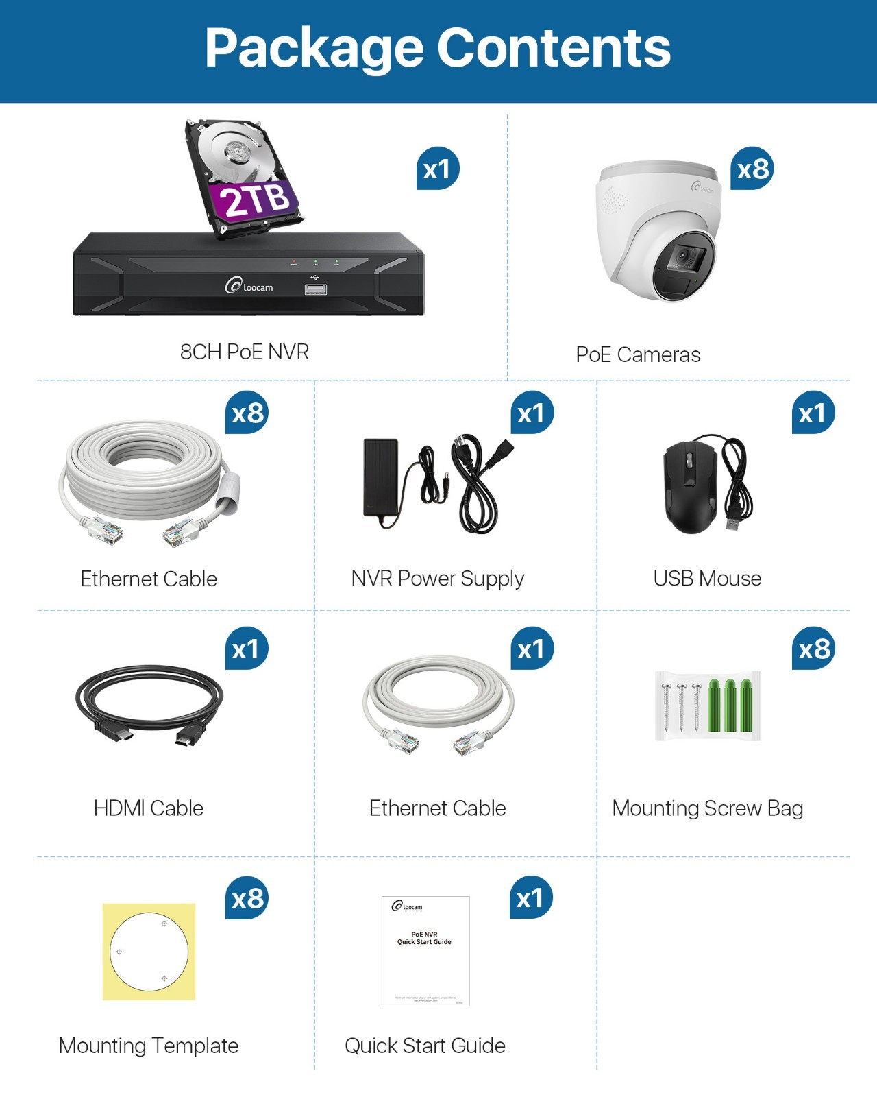 Loocam 2.5K PoE Security IP Camera System 2TB, Two-Way Audio, Person Detection