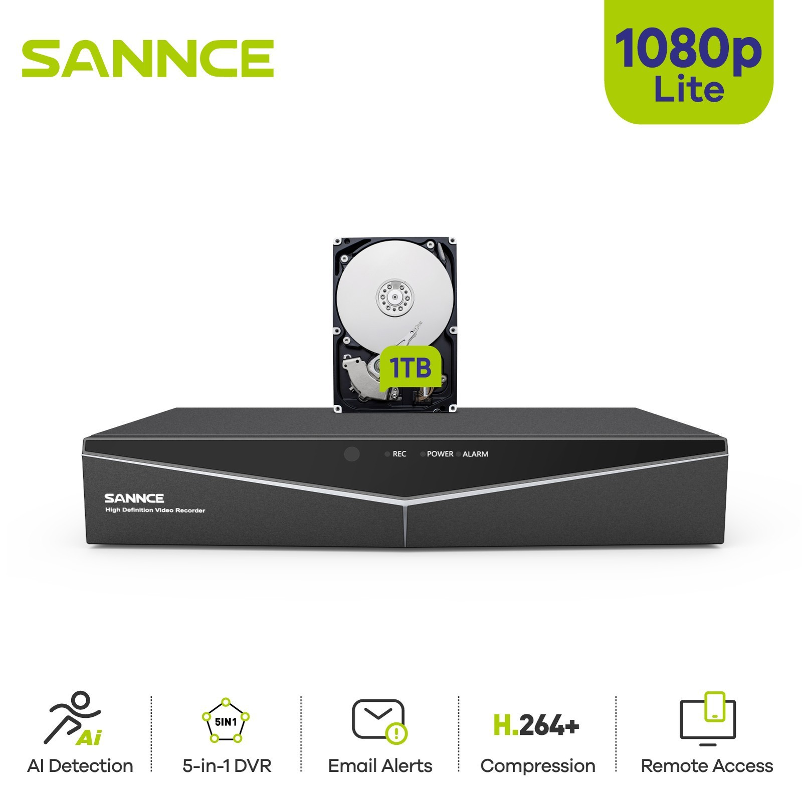 SANNCE 16CH 5IN1 1080P Security Digital Video Recorder DVR Human Detection 1TB