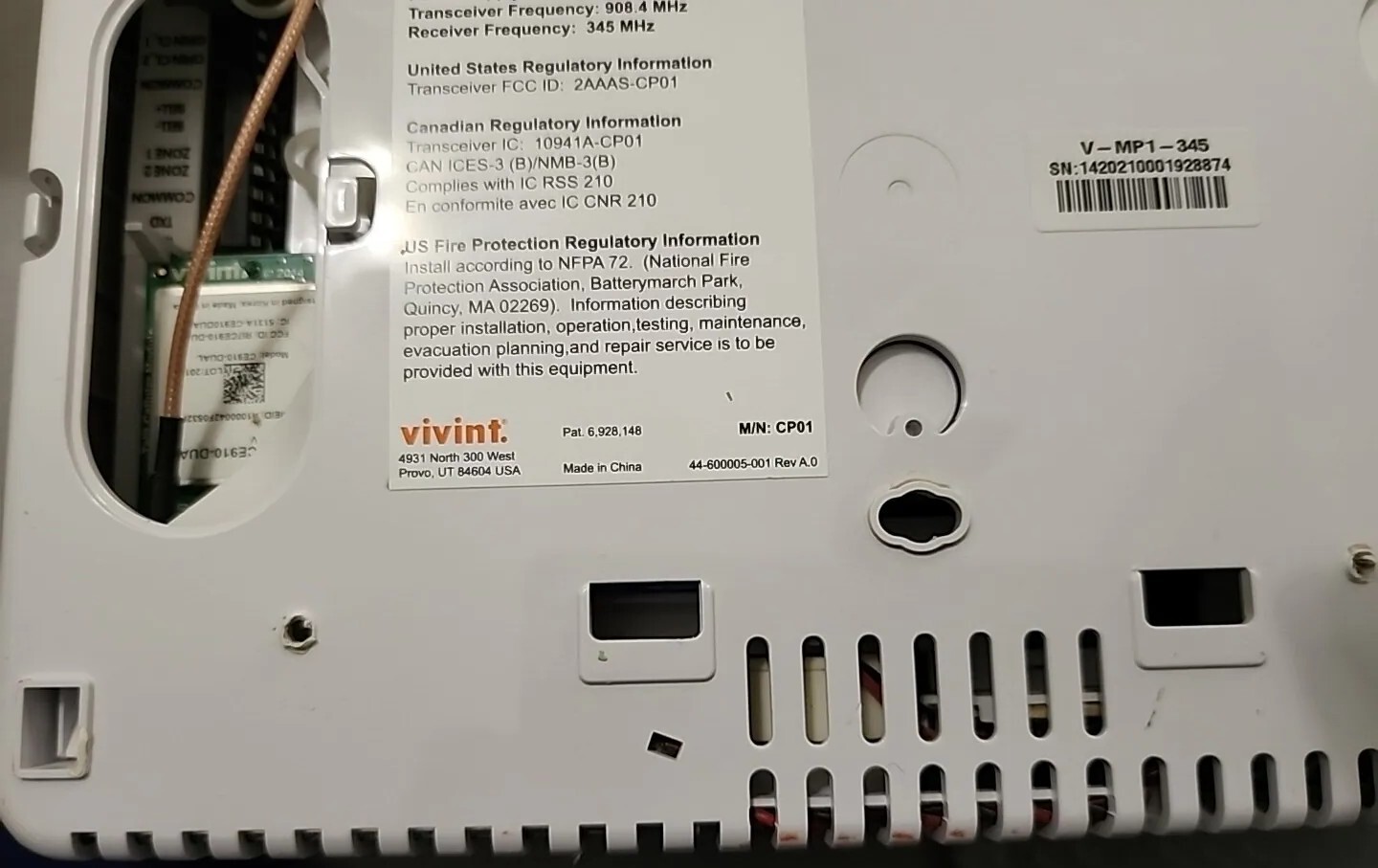 Vivint Master Control Panel V-MP1-345 Parts Only Untested