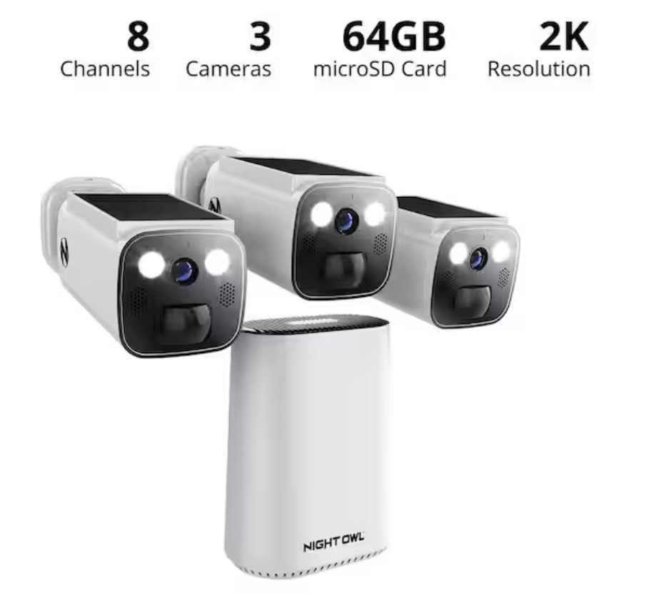 NIGHT OWL 8-Channel 2K 64GB Hub Recorder Security System w/3-Battery Solar Power