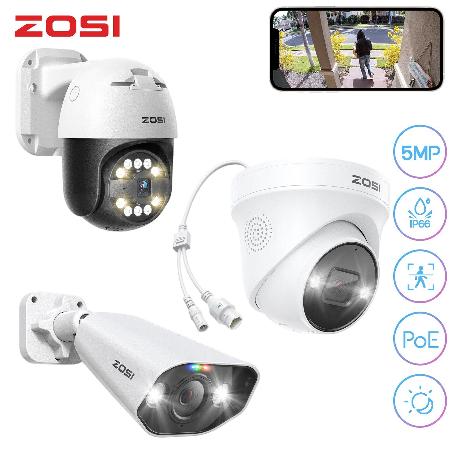 ZOSI 5MP POE Home Security IP Camera AI Vehicle/Voice Activity Alerts 2Way Audio