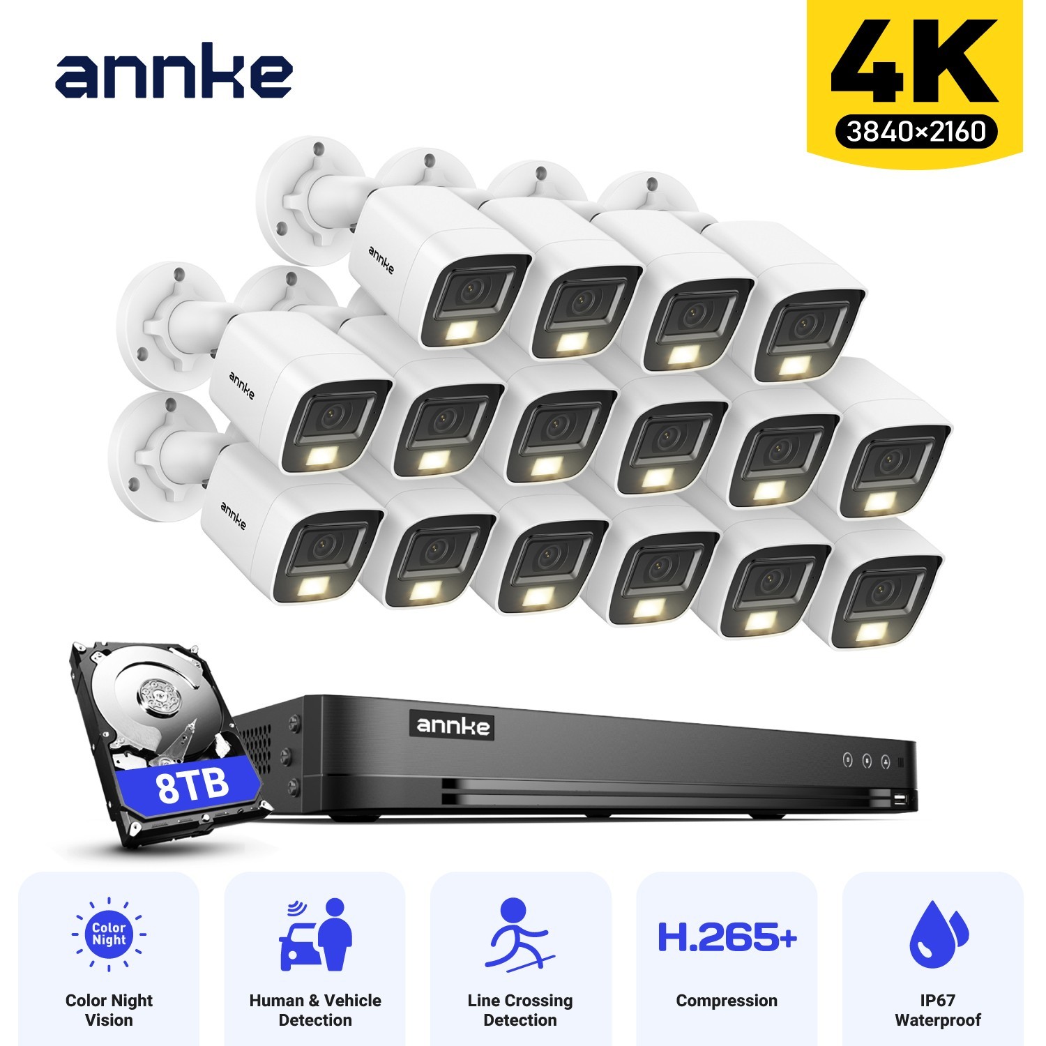 ANNKE 4K Video CCTV Security Camera System 8MP 16CH DVR Outdoor AI Color Night