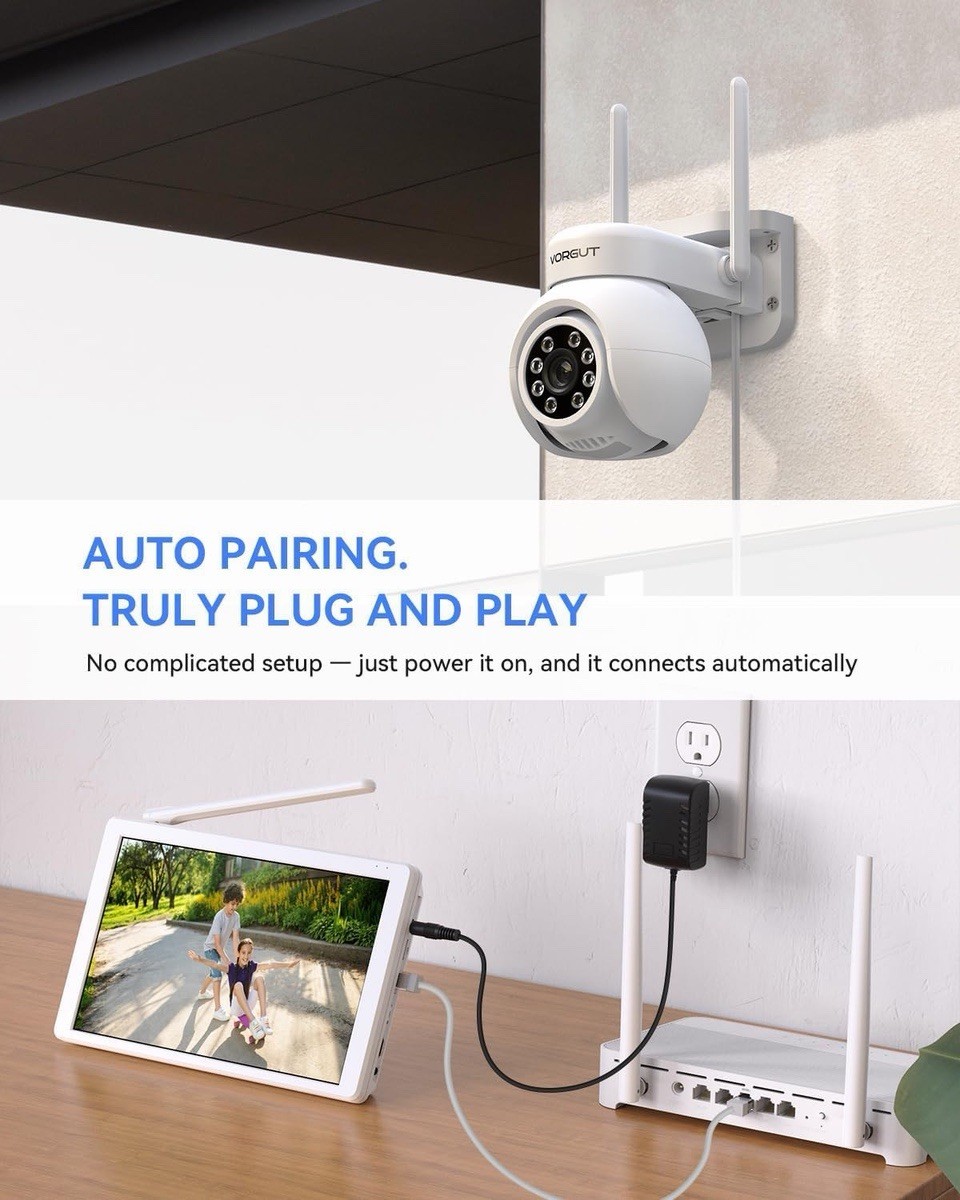 EQL-Wireless Security Camera System with 10″ LCD Monitor, 2PCS 3MP PTZ Outdoor