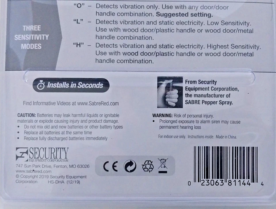 Sabre Door Handle Alarm Security With 2 Detection / 3 Operating Modes New 2 Qty