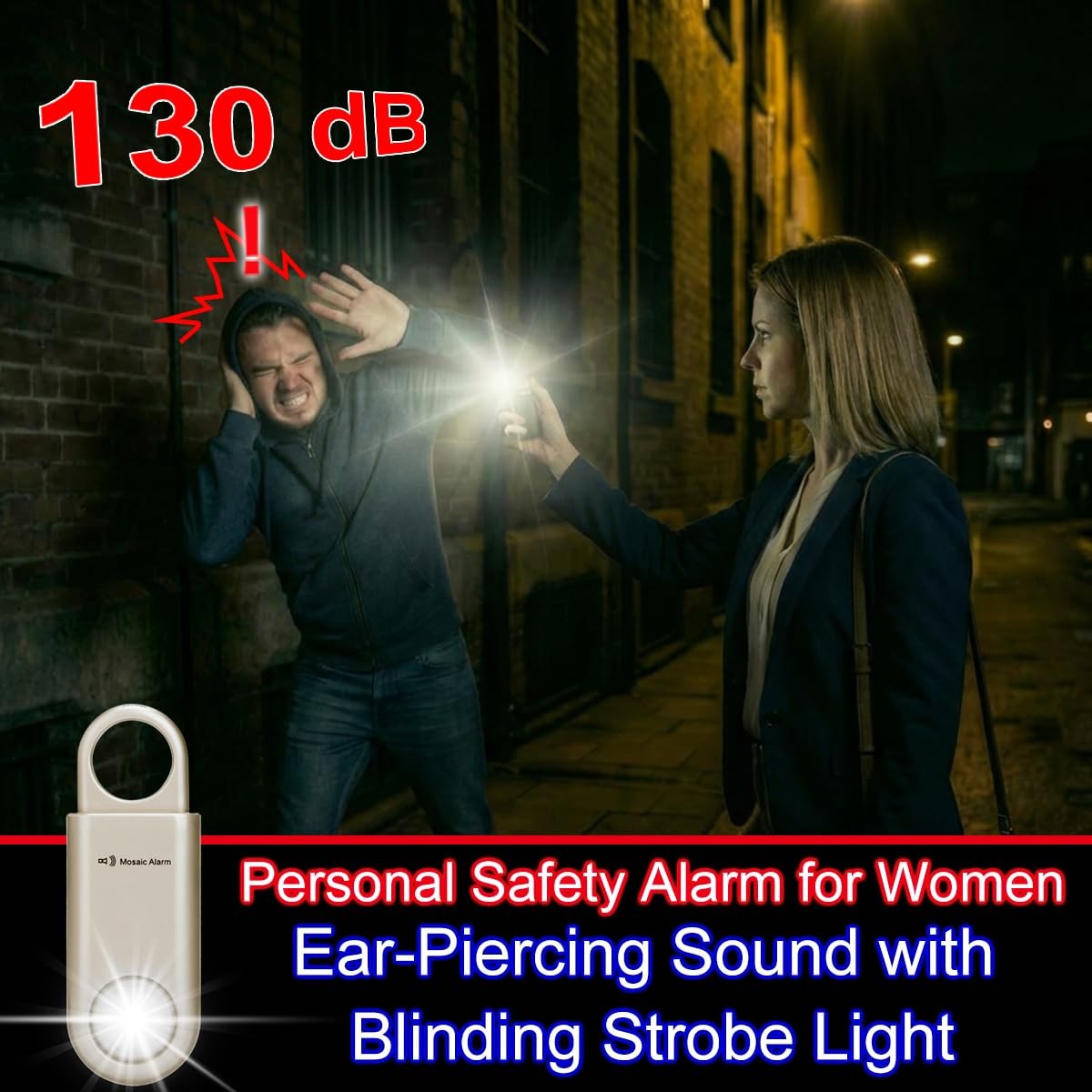 130dB Personal Safety Alarm Ultra Bright Strobe Light. Loud Sound Keychain Si…