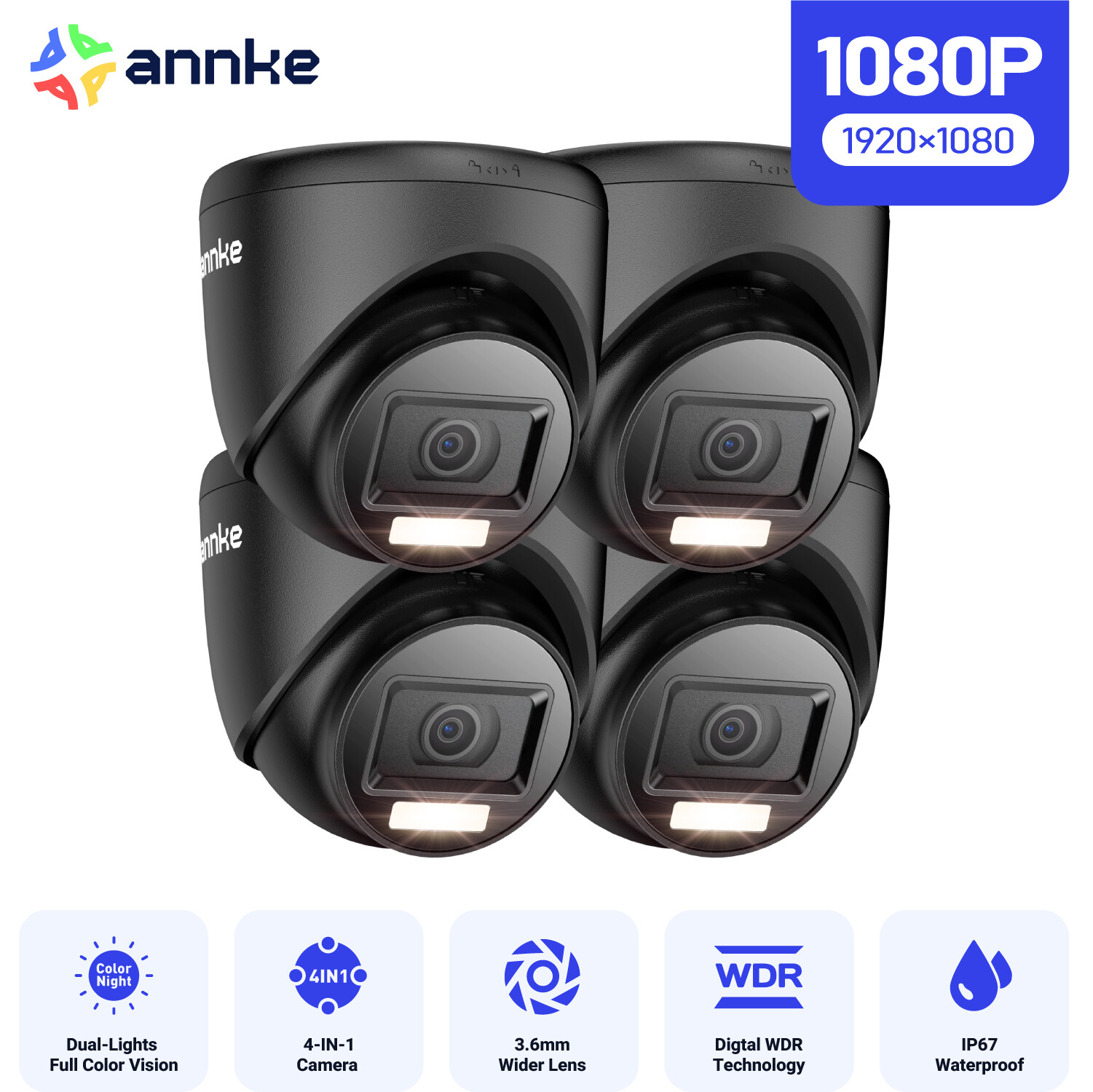 ANNKE 4pcs 1080P Outdoor 4in1 CCTV Smart Security Camera AI Color Night Vision