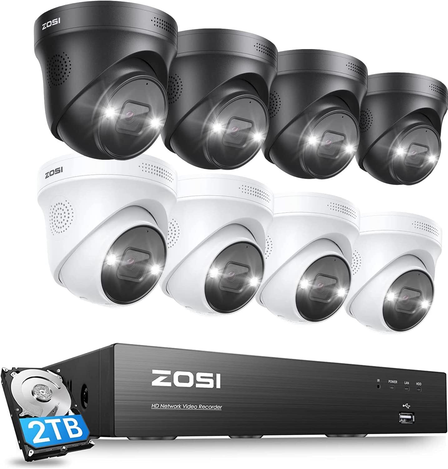 ZOSI 4K 8CH NVR 8MP IP POE Security Camera System AI Alerts Audio 2TB HDD IP66