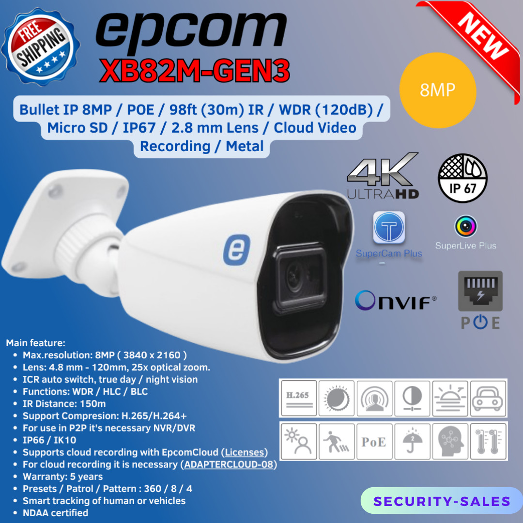 EPCOM XB82M-GEN3 8MP POE METAL BULLET IP +AUDIO ONVIF TVT 30M IR IP67 2.8mm Lens