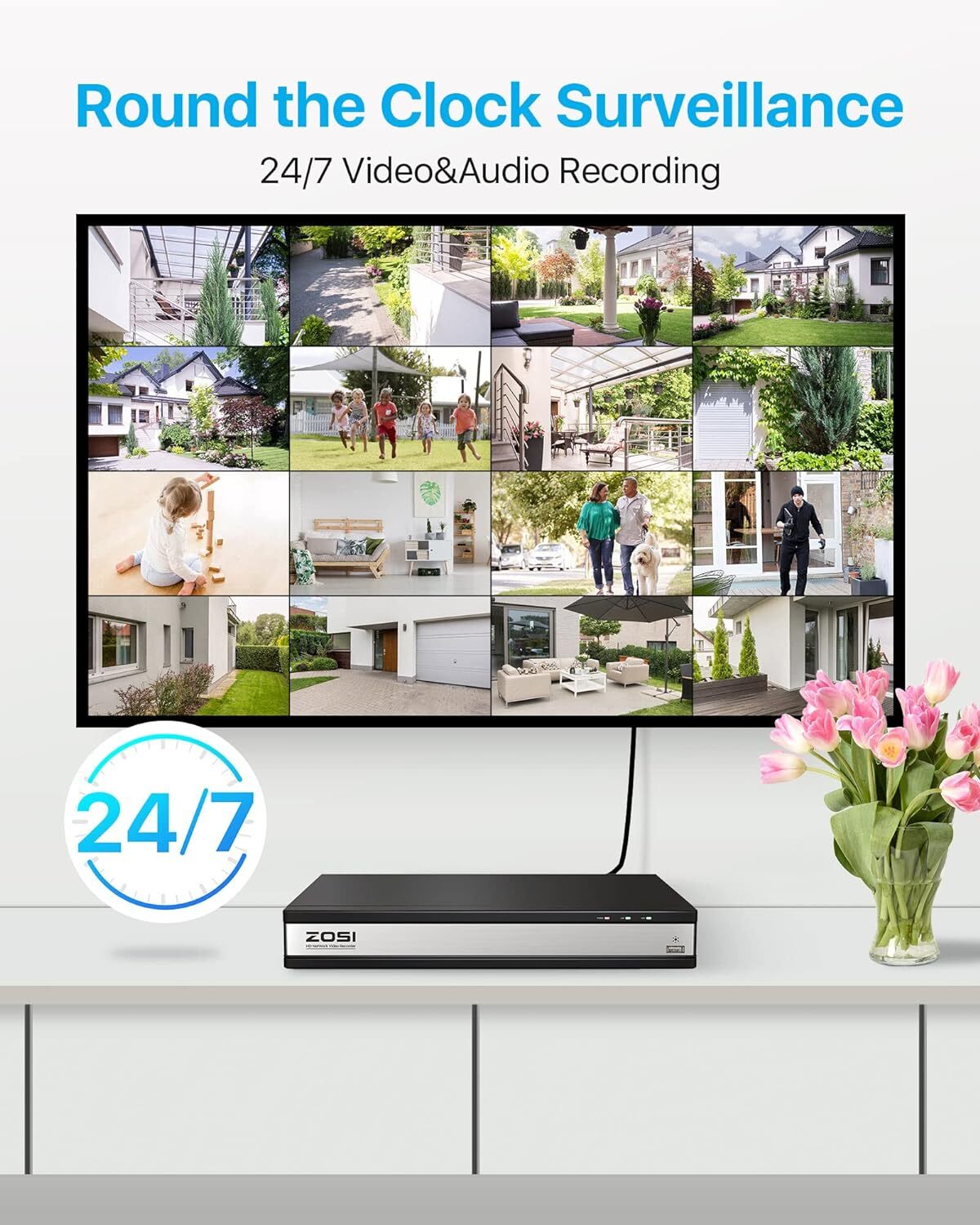 ZOSI 4K 16CH PoE Security Camera System with 4TB HDD Human Car Detect Audio