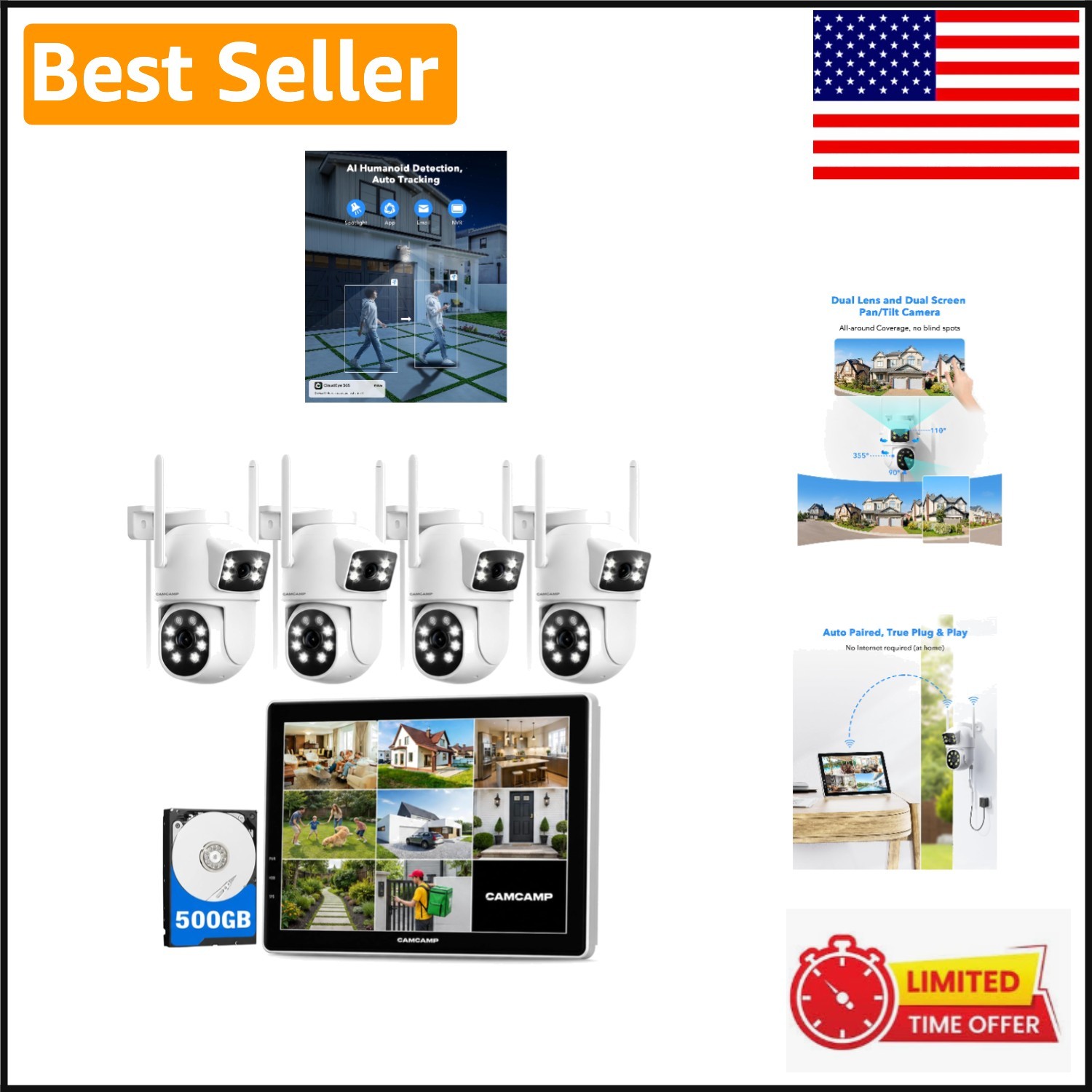 Wireless Security Camera System with 10.1″ Monitor & Dual Lens PTZ Cameras