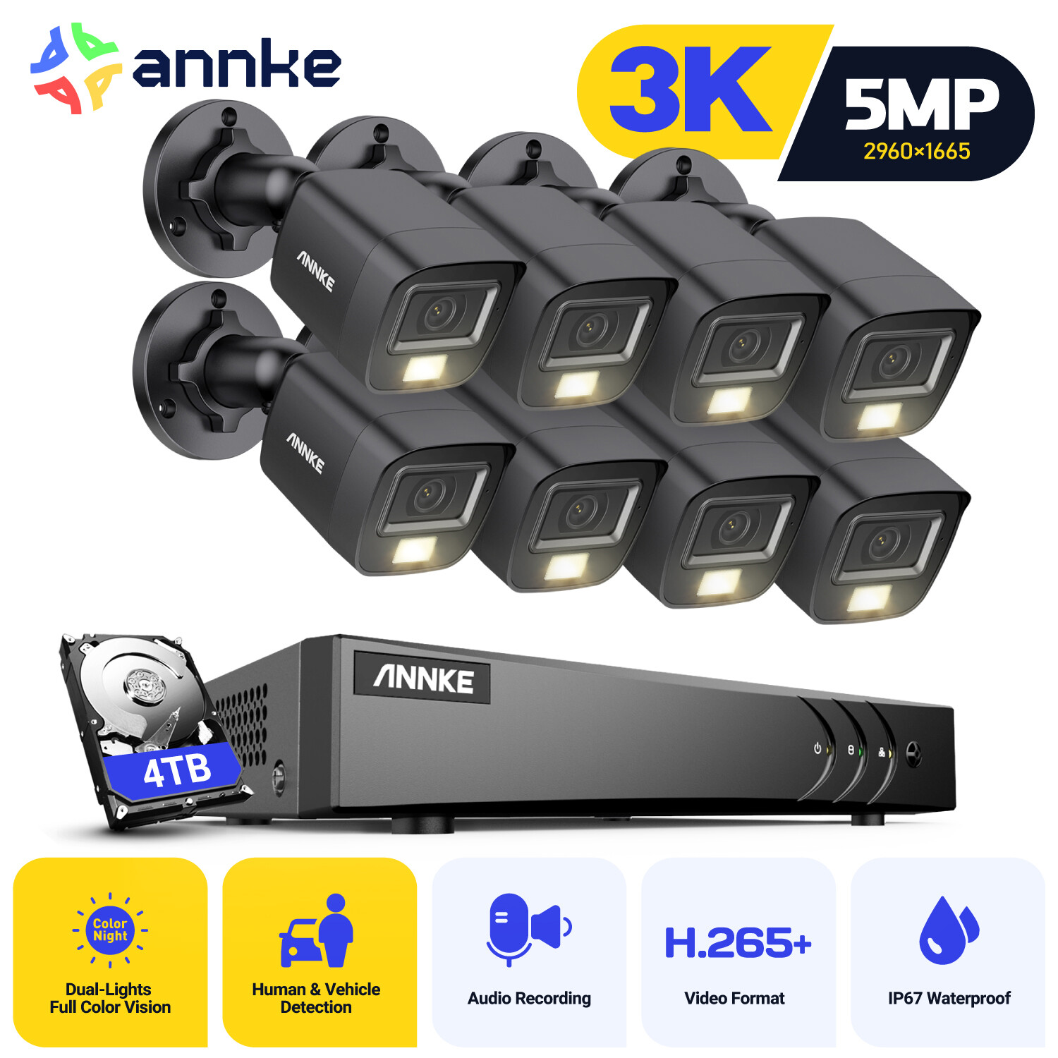 ANNKE 3K Lite 8CH DVR 5MP Color Night Audio Recording System Camera System IP67