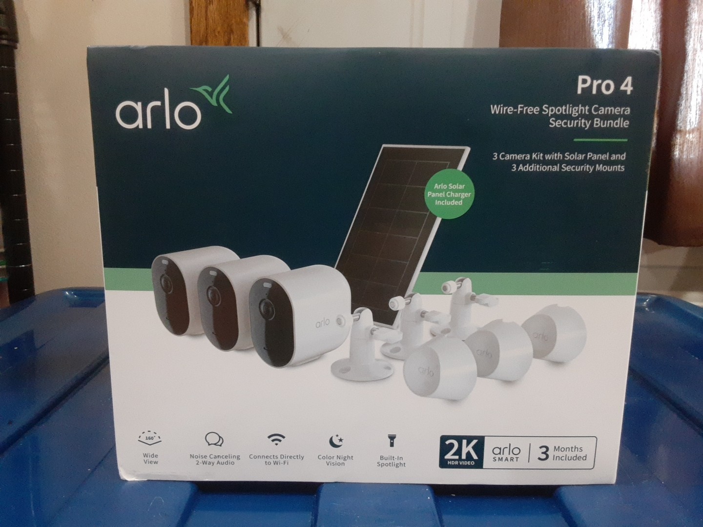 Brand New, Open Box, Arlo Pro 4 3-Cam Kit with Bonus Solar Panel – White, 2K ?