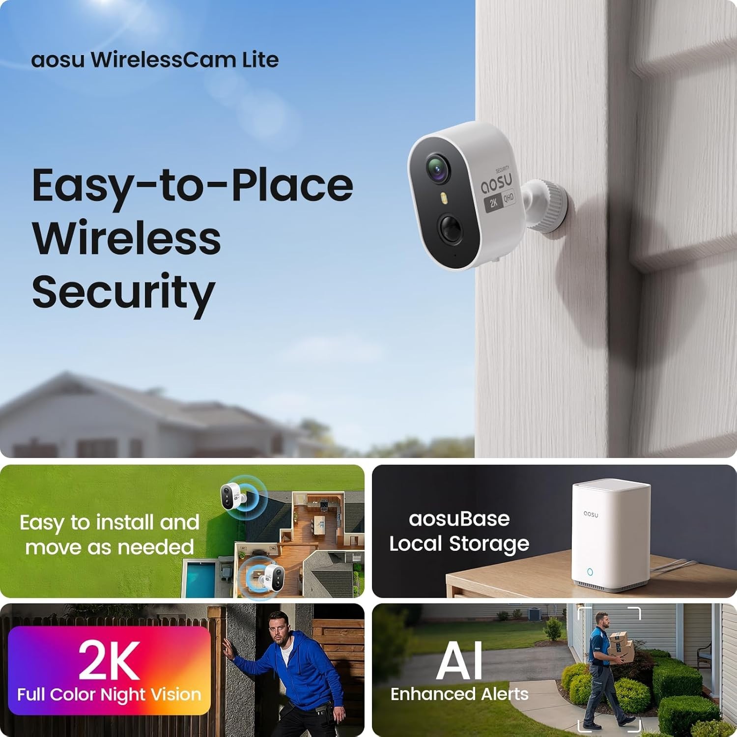 aosu Wireless Outdoor Security Camera Kit with aosuBase Local Storage, 2K
