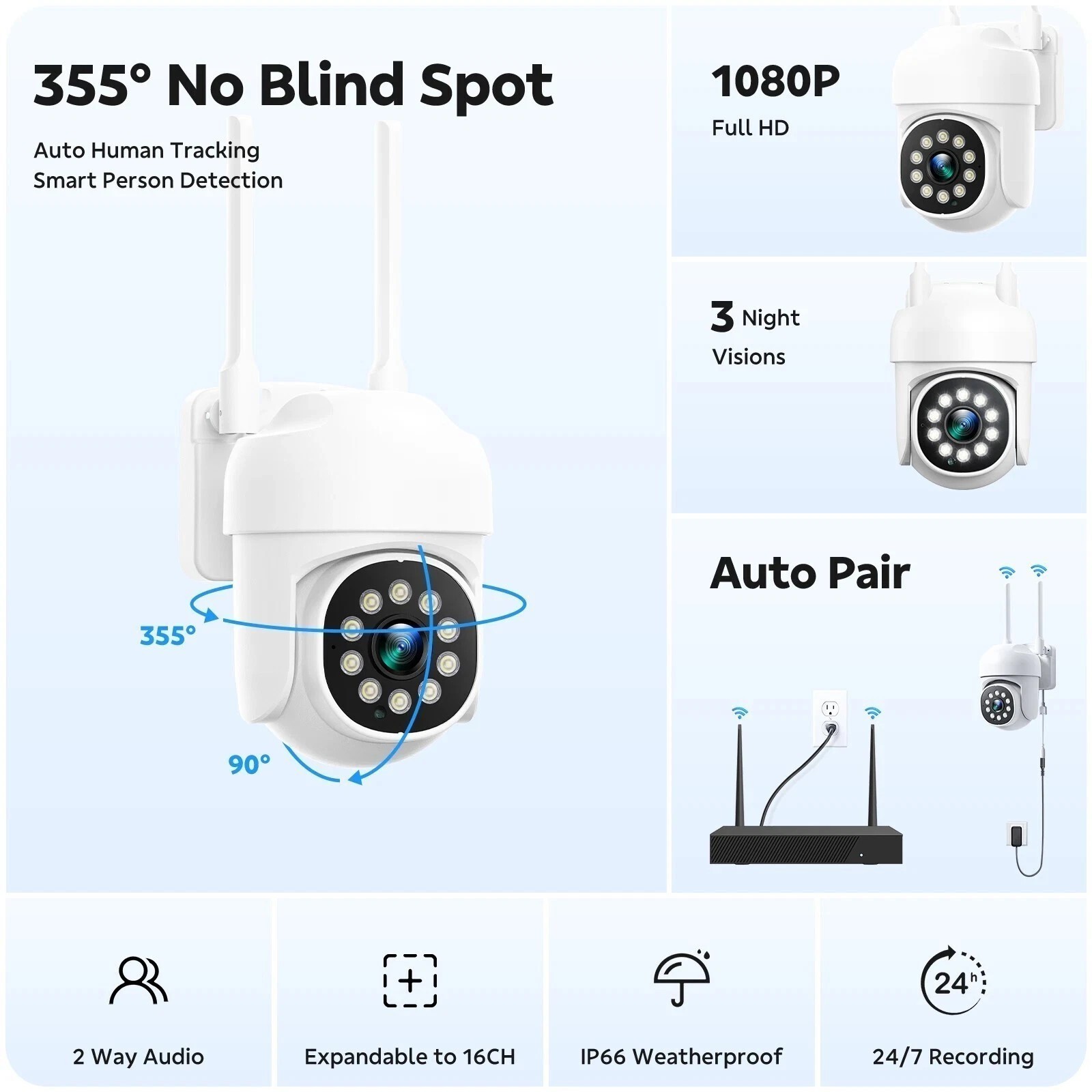 CAMCAMP CCTV Camera Systems Wireless 16CH 4K NVR 8PC PTZ WiFi Cameras 2Way Audio