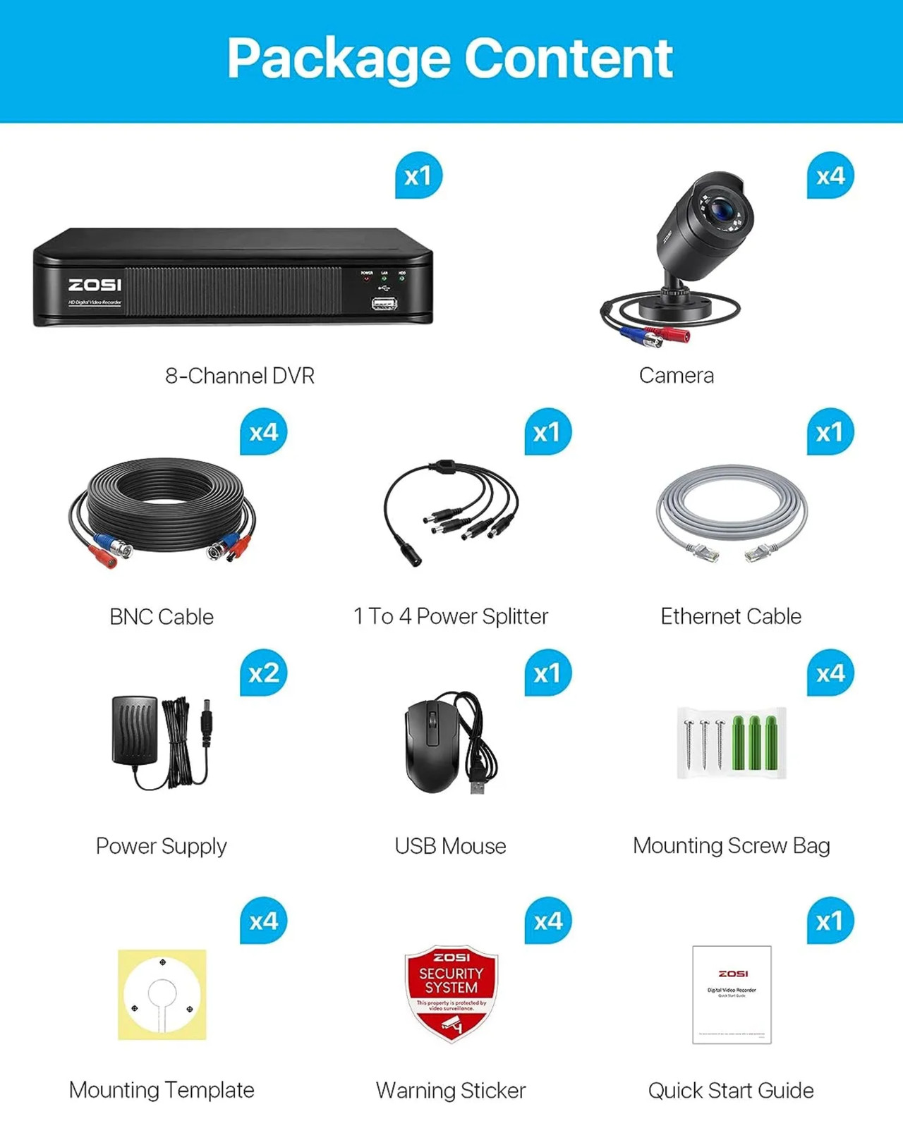 ZOSI 8CH 2MP DVR Outdoor Home CCTV 1080p Security Camera AI System Night Vision
