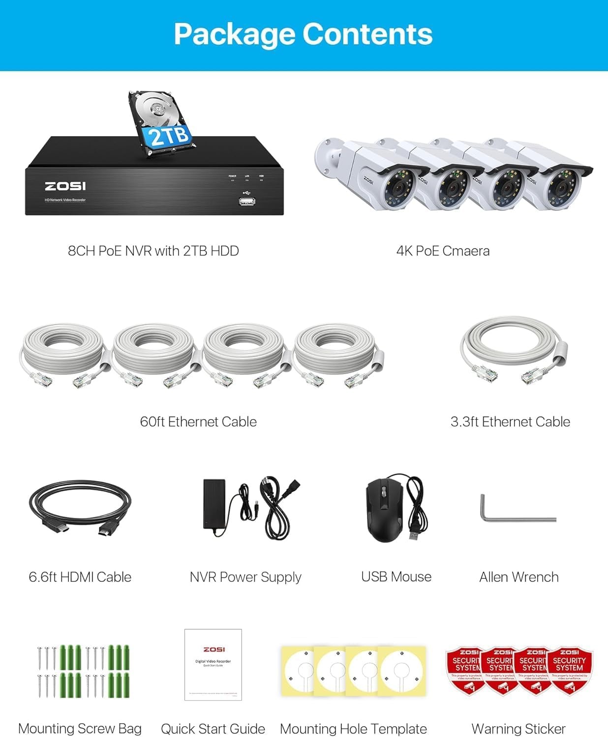 ZOSI 8CH 4K 8MP PoE Security Camera System 100Ft Night Vision 1Way Audio 2TB HDD