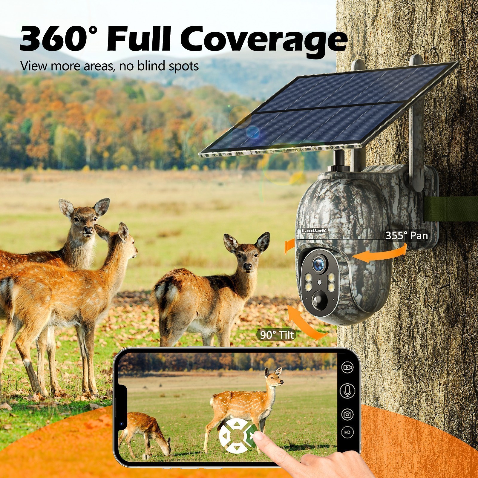 Campark 2.5K 4G LTE Solar 360° PTZ Security Camera Game IP66 Security +SIM Card
