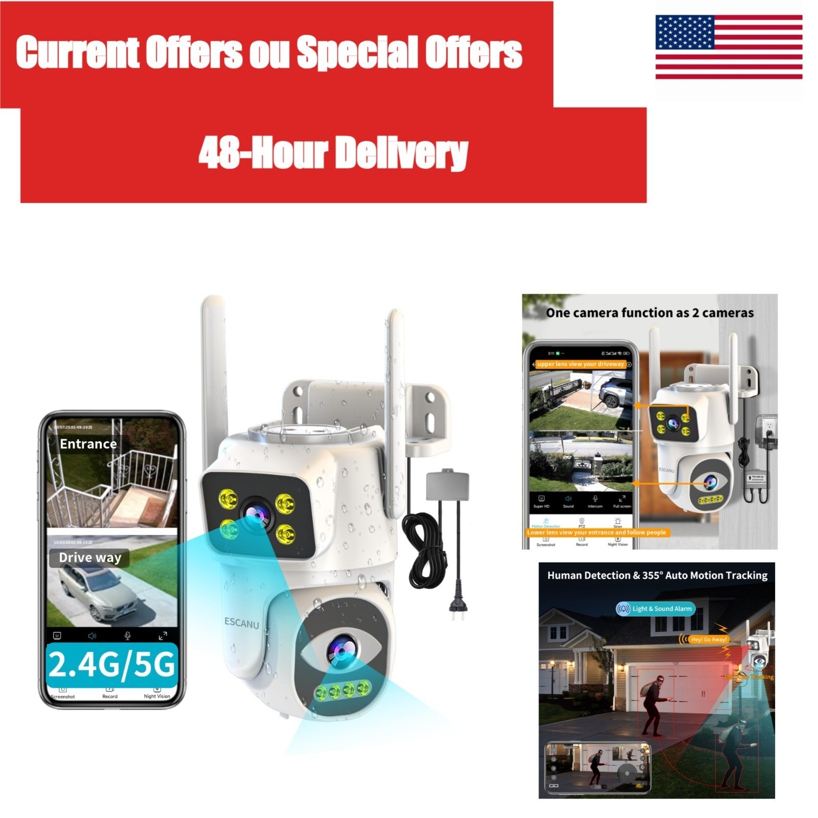 Outdoor Security Camera WiFi PTZ Dual Lens 2K Night Vision Auto Tracking