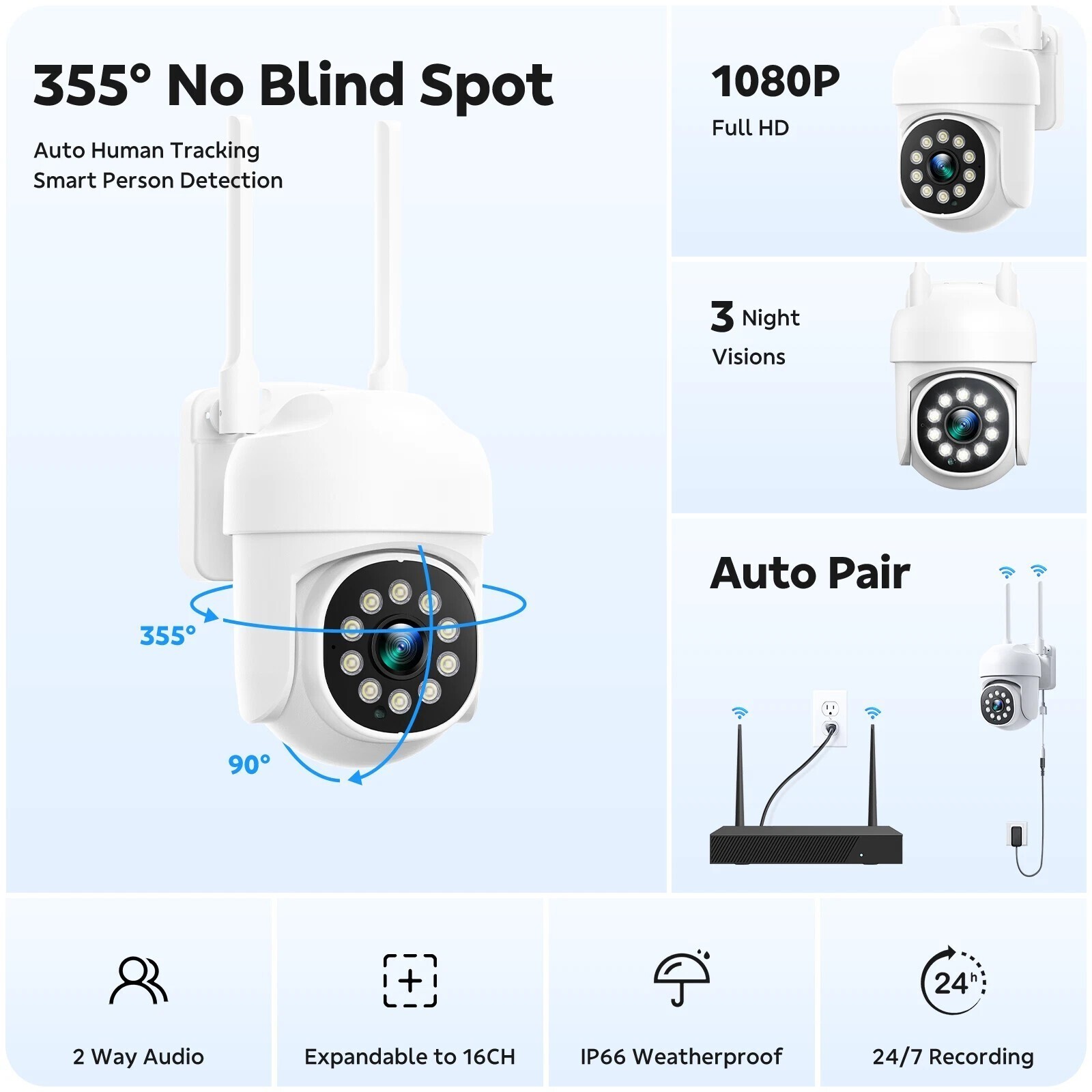 8 Pcs PTZ Cameras Wireless Security Camera System WiFi CCTV 24/7 Record 16CH NVR