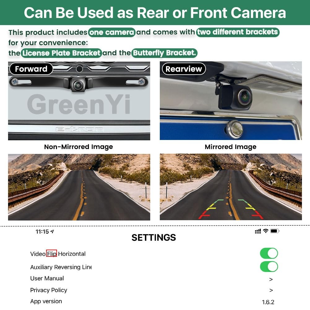 WiFi Car Backup Camera, GreenYi 5G 720P HD License Plate Rear/Front Black