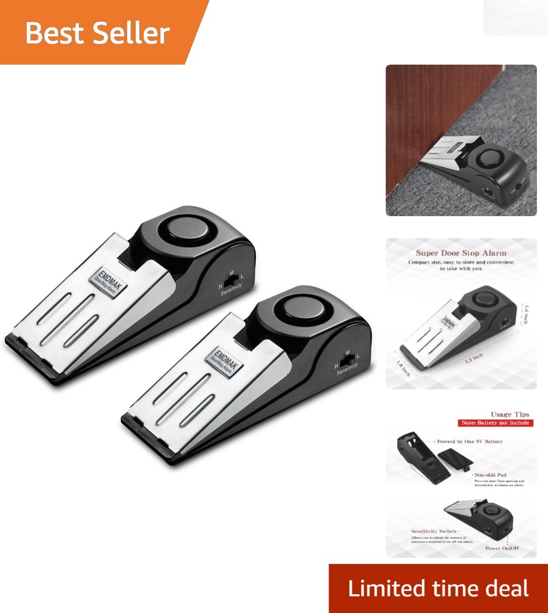 Lightweight Door Stop Alarm with 120DB Siren (Black) – Perfect for Travel Safety