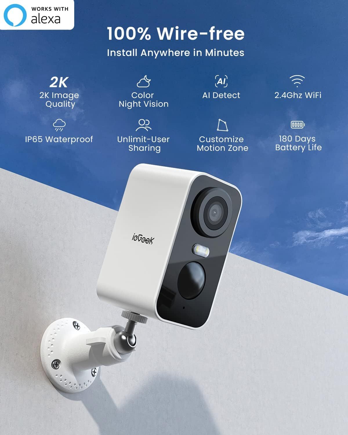 2K 3MP Outdoor Security Camera Wireless Battery Powered WiFi CCTV System