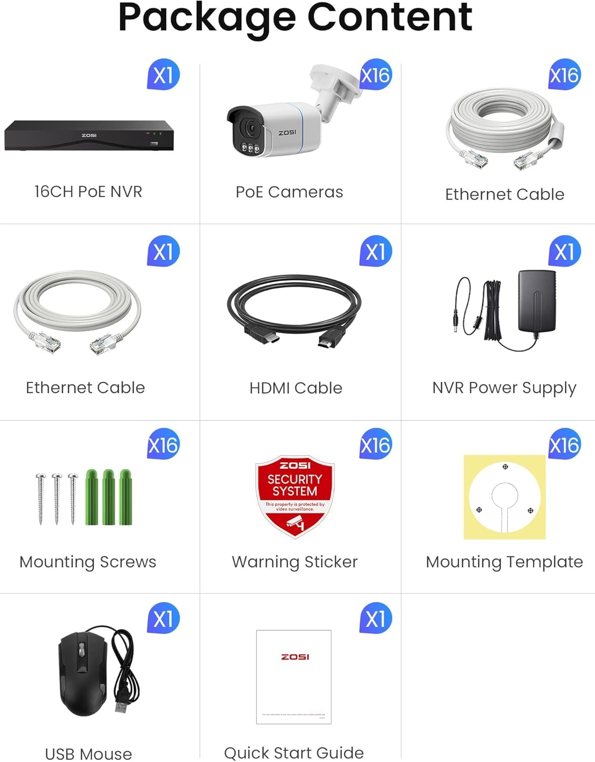 ZOSI 4K 8MP 16CH PoE Security Camera System C186 Full Color Night Vision 4TB HDD