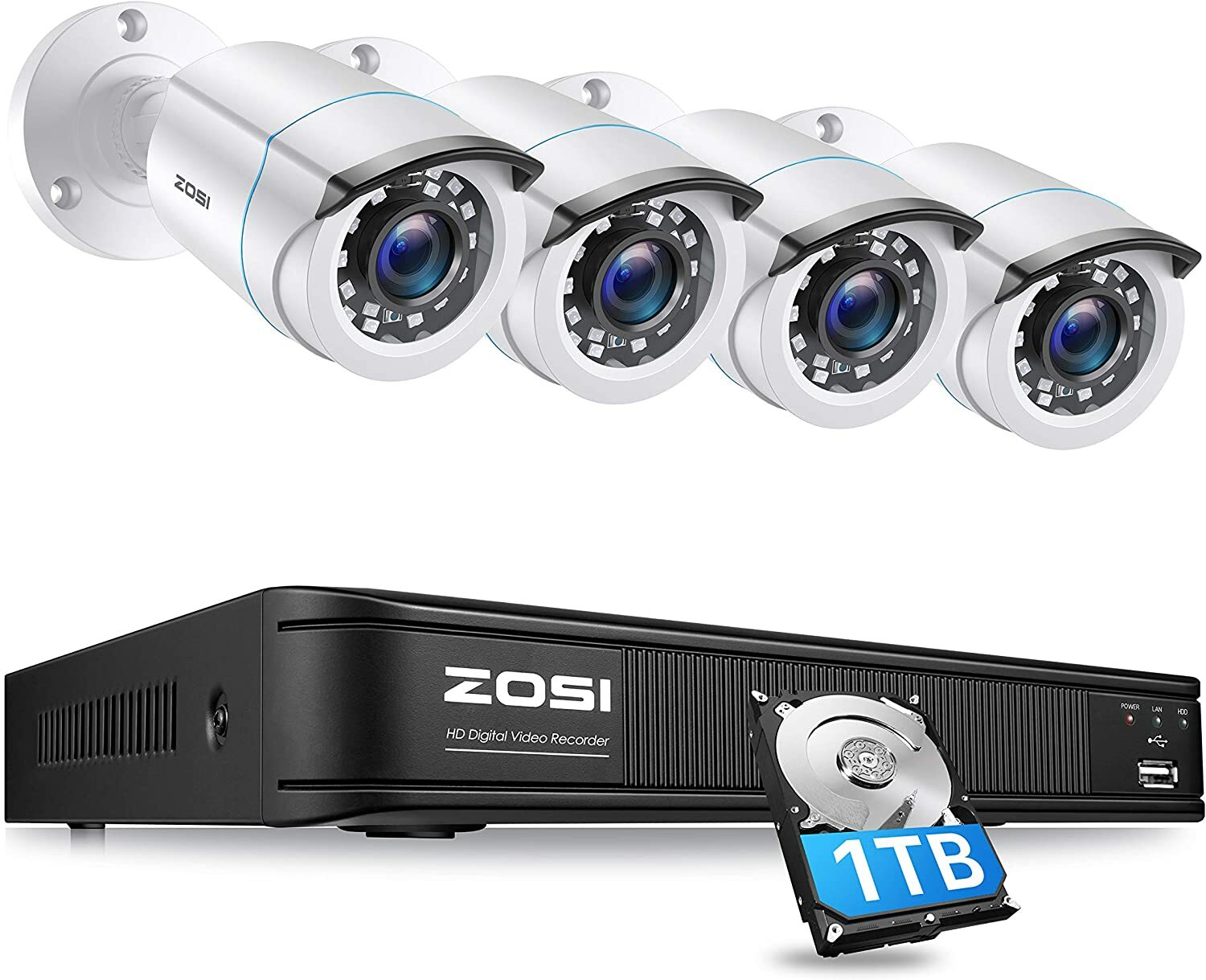 ZOSI 1TB DVR Outdoor 1080P Security Camera System Night Vision AI Face Detection