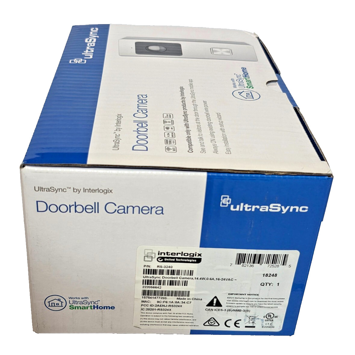 Interlogix UltraSync WIFI 1080p Doorbell Camera RS-3240 Silver/Black NEW