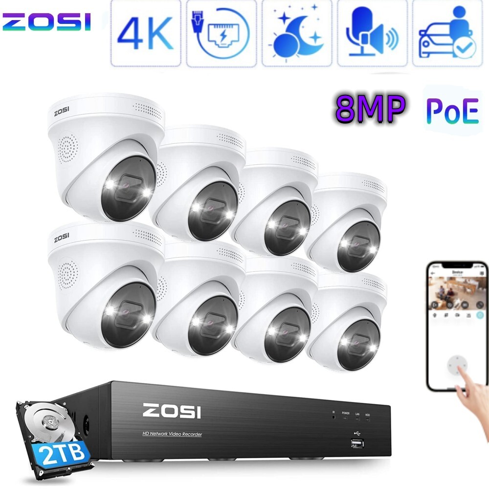 ZOSI IP66 8CH NVR 5MP PoE Security Camera System Home CCTV Surveillance 2T