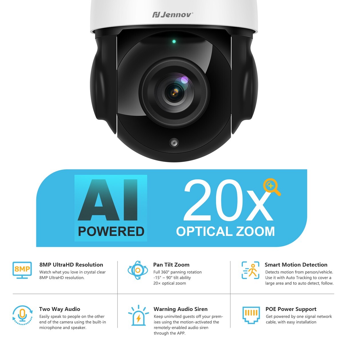 4K 8MP POE PTZ Security IP Camera 20x Optical Zoom IR Human Vehicle Detection