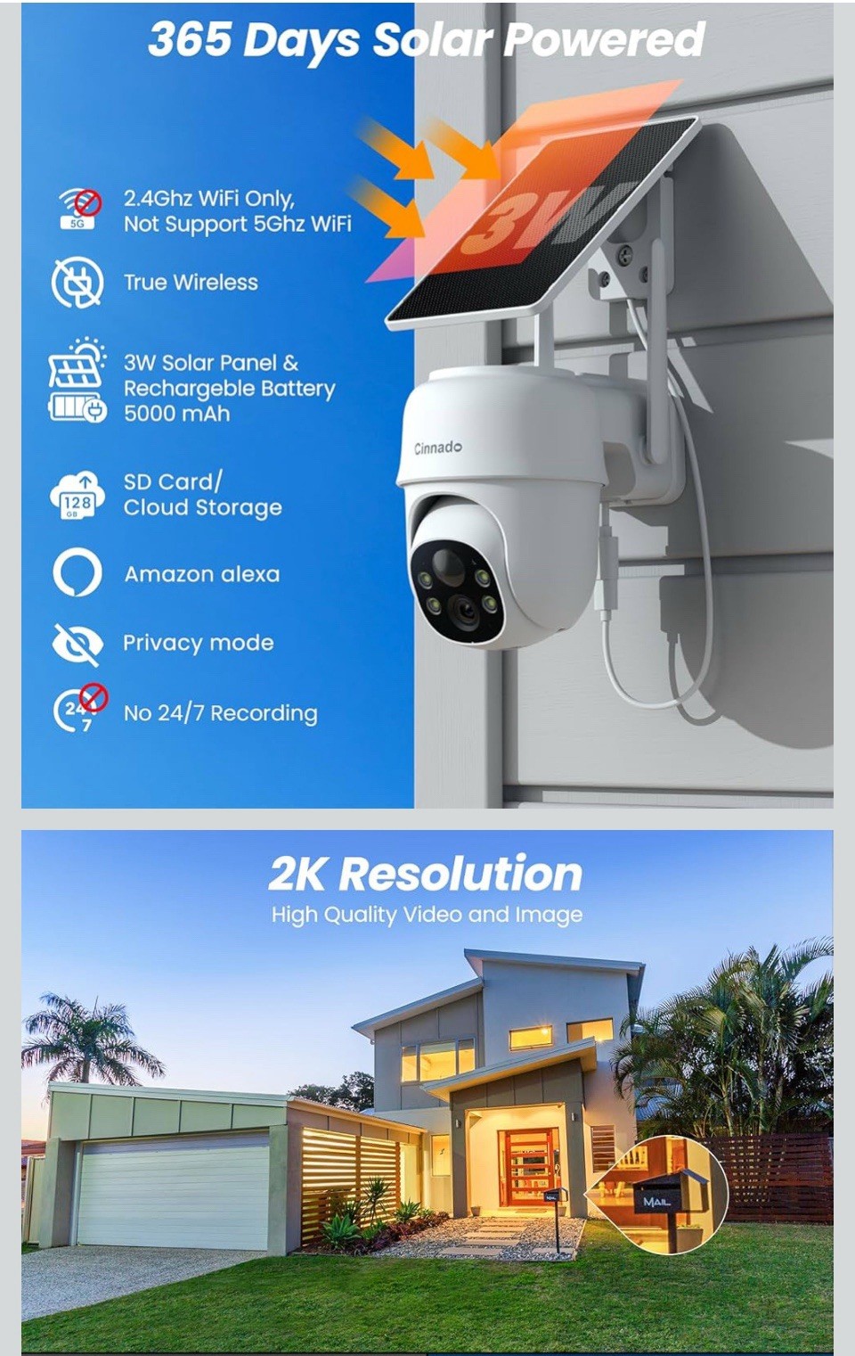 NEW Cinnado 2K Solar Wireless Outdoor Cameras 2-Pack, Color Night Vision, Alexa