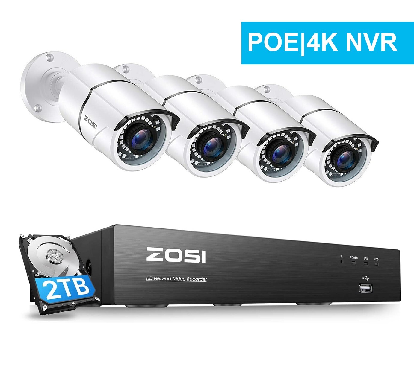 ZOSI H.265+ 8CH 5MP PoE NVR System 2K+ PoE IP Outdoor Securtiy Camera 2TB HDD
