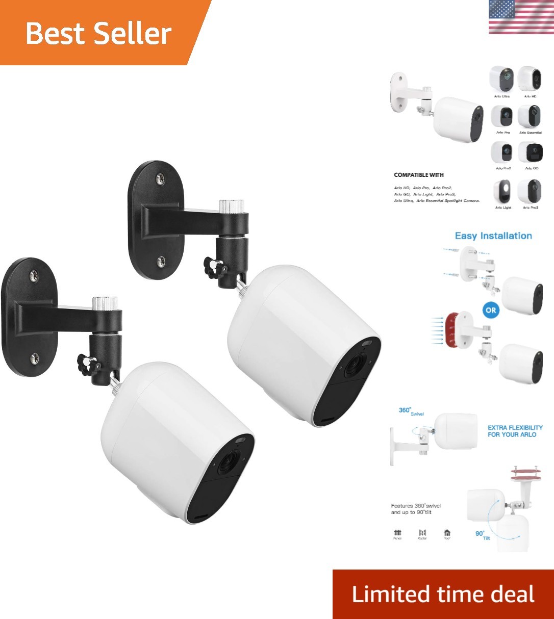 360-Degree Swivel Camera Mount – 2-Pack Adjustable Brackets for Arlo Essential
