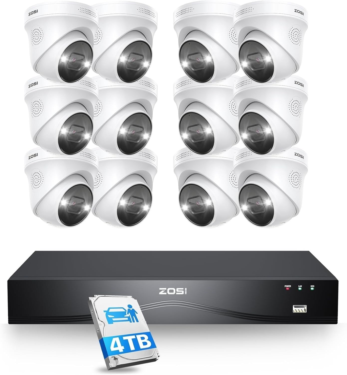 ZOSI 16CH 4K 8MP POE Security Camera System NVR 4TB Audio AI Car Detect H.265+
