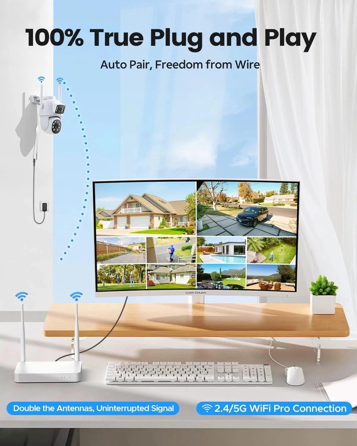 4MP PT Wireless Network CCTV Wifi IP Outdoor Security Camera System HDD Dual Len