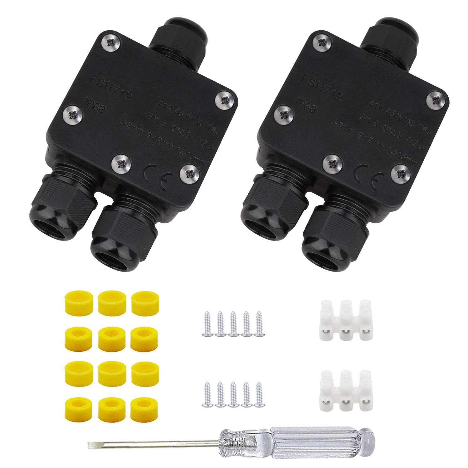 Helunsi 2 Pcs Waterproof Junction Box 3 Way, IP68 Small, Black-2 Pack