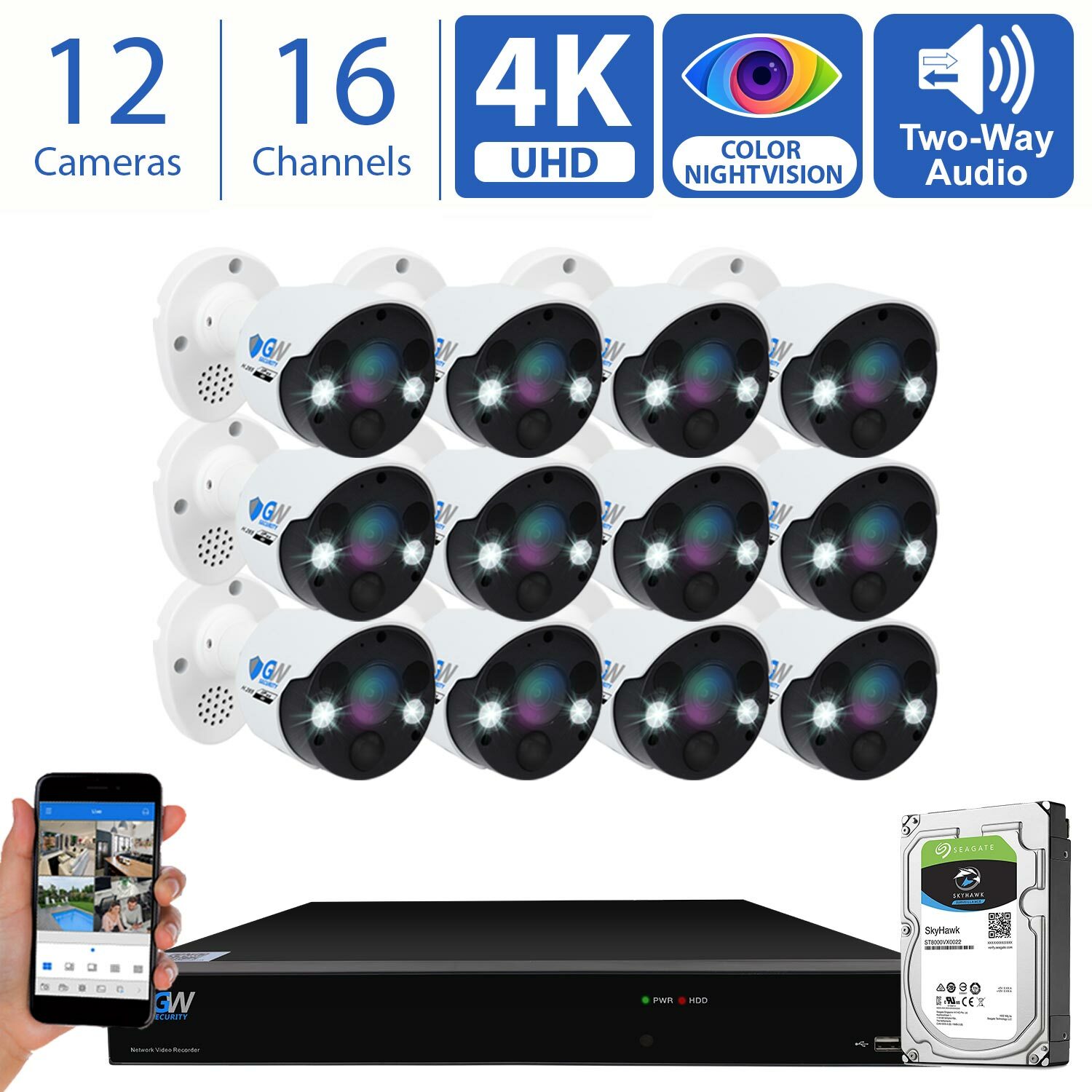 16 Channel 4K NVR 12 X 8MP Starlight 4K Microphone PoE IP Security Camera System