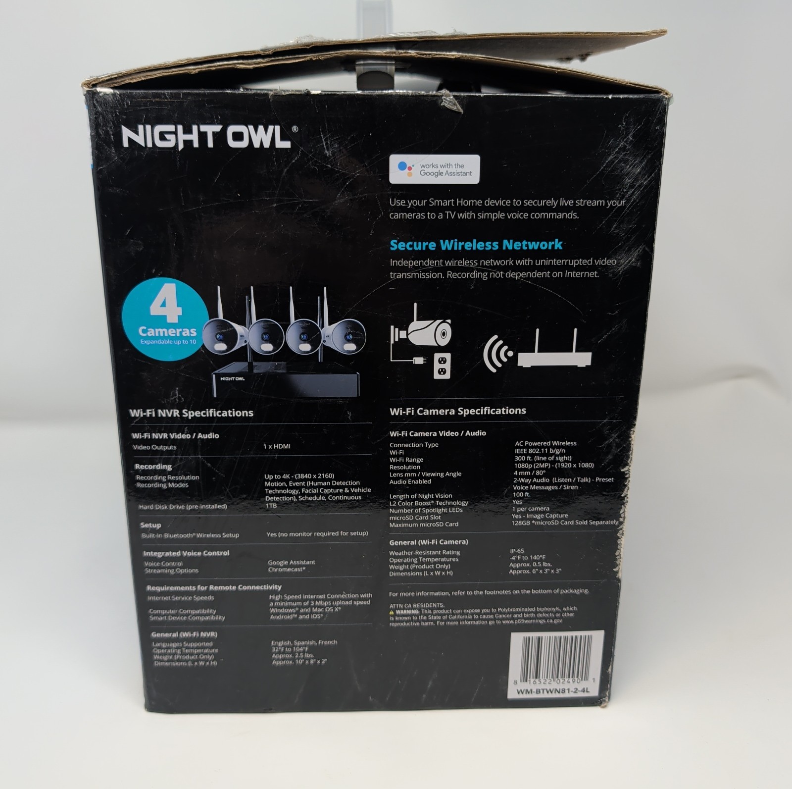 Open Box, Night Owl 10 Channel 4K NVR with 1TB HD, 4 Wi-Fi 1080p Cameras