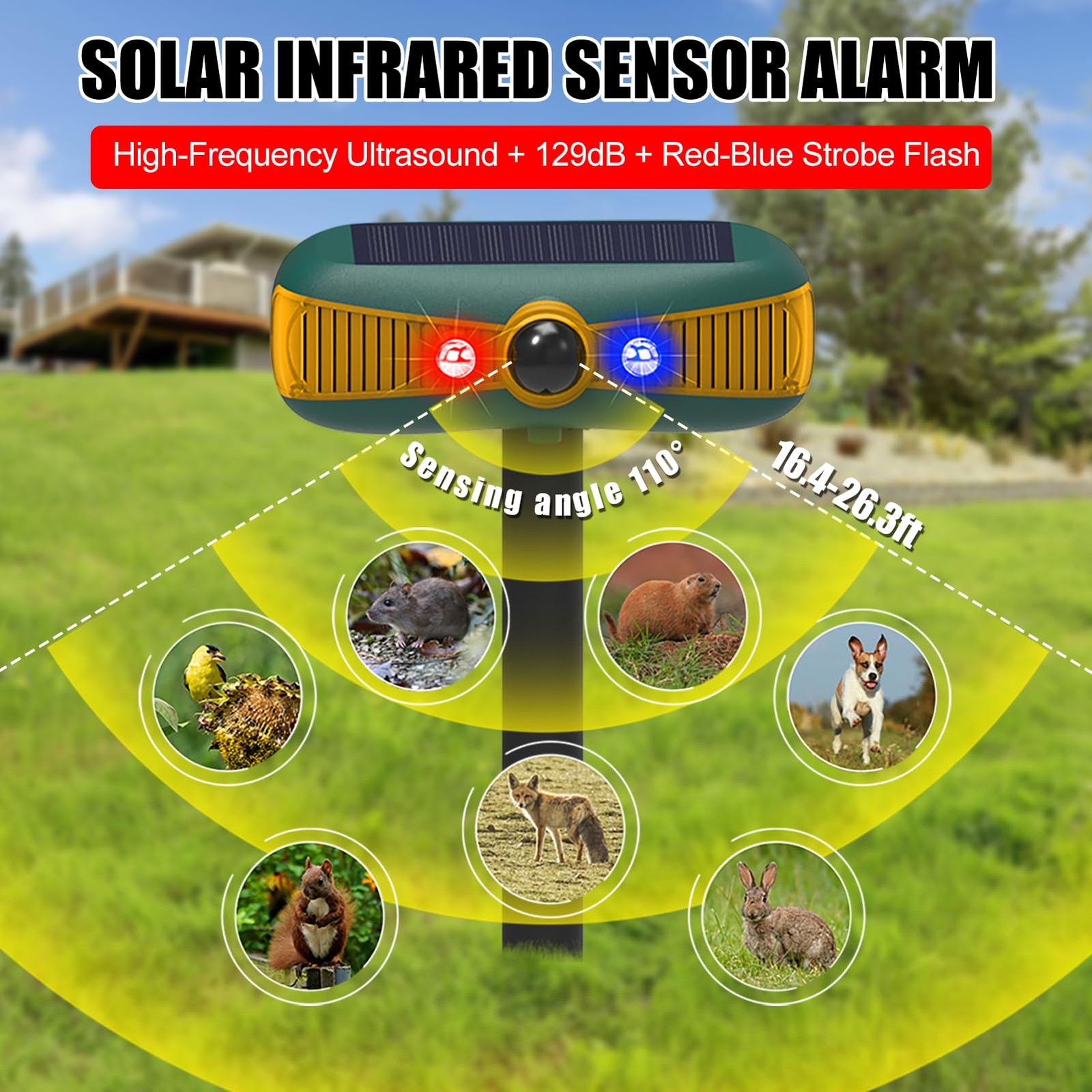 Solar Motion Sensor Alarm, 129dB Siren with Red/Blue Strobe Lights, 4 Modes S…