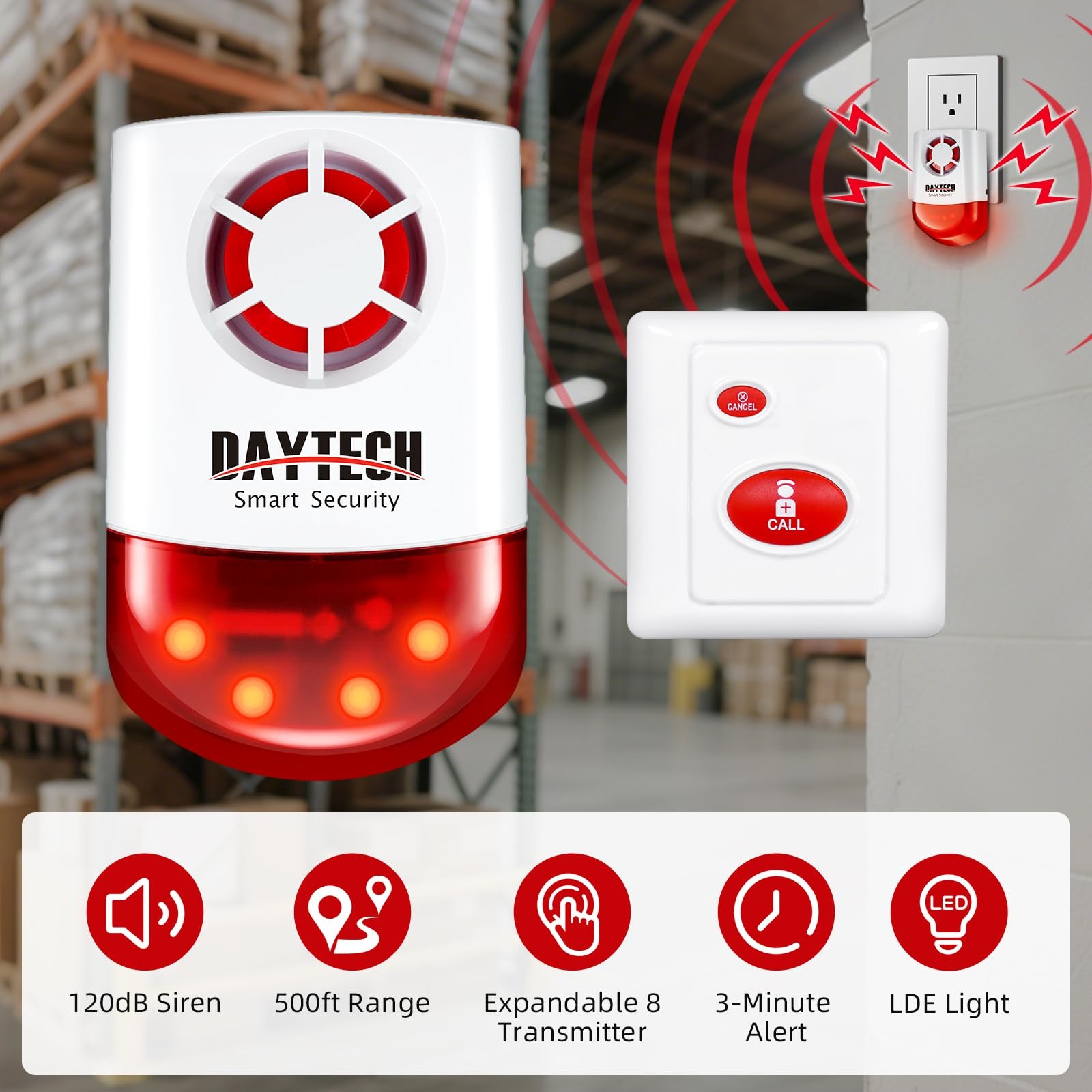 Daytech Wireless Panic Button Alarm-120dB Strobe Siren with Panic Buttons,
