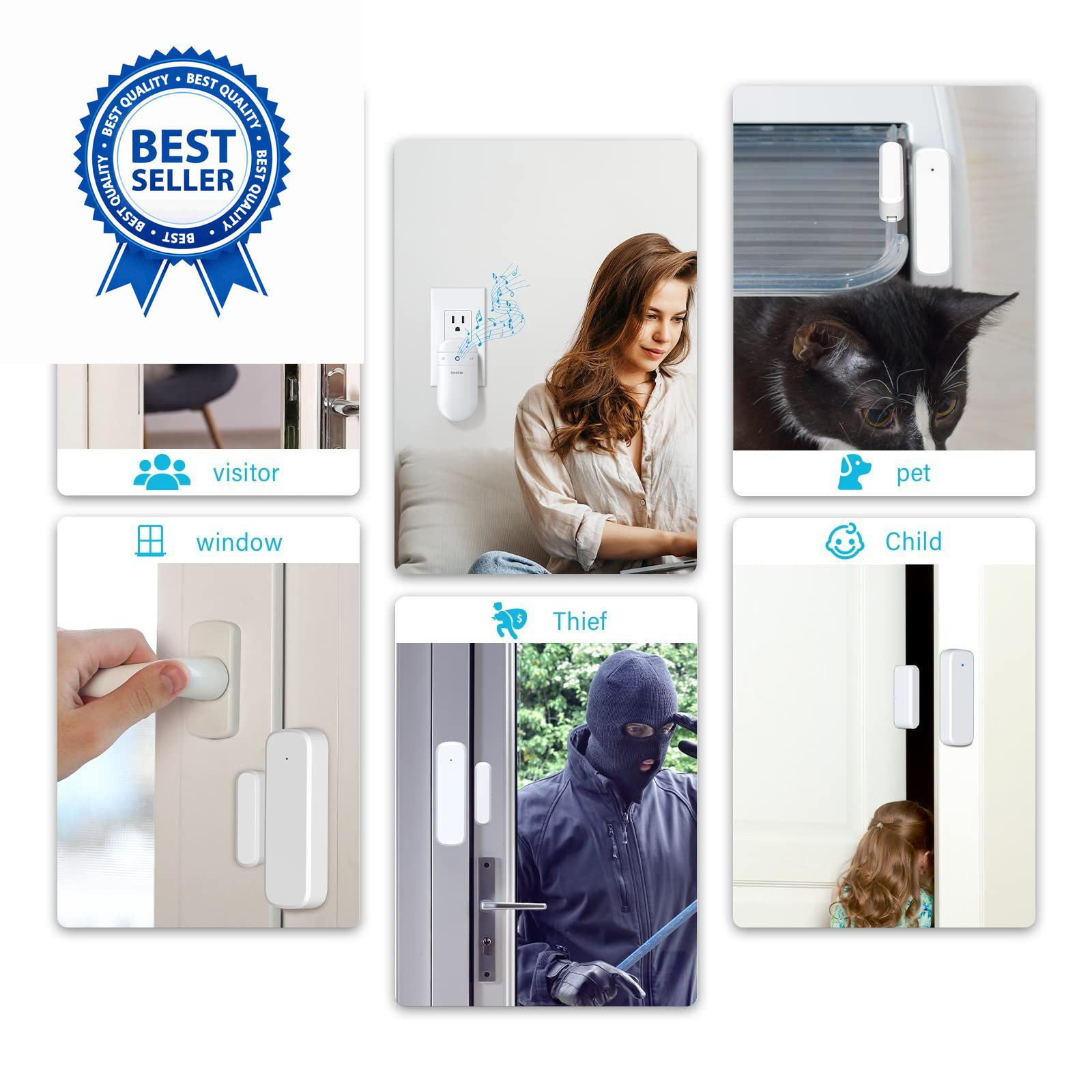 Door Chime When Opens, Opened Alarm for 1 Receiver+2 Sensor, White