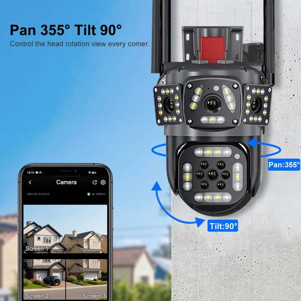 9MP Outdoor Home Security Camera WiFi CCTV PTZ IR Cam 2 Lens 3 Screen 10X ZOOM