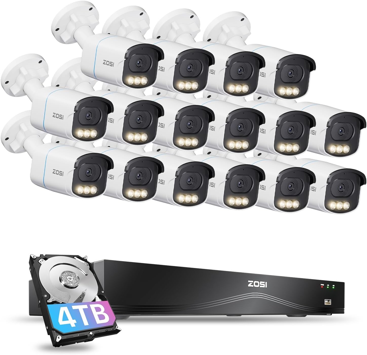 ZOSI 4K 8MP 16CH PoE Security Camera System C186 Full Color Night Vision 4TB HDD