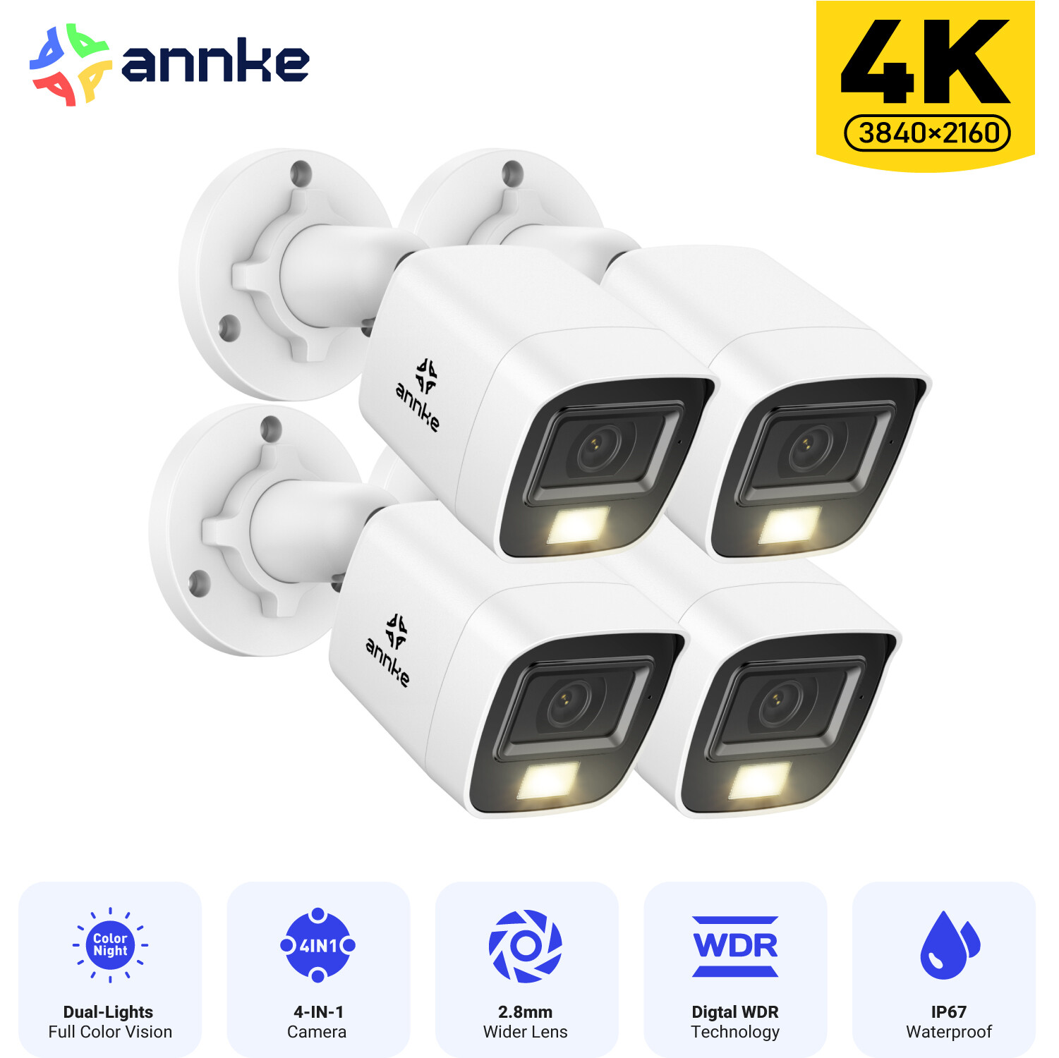 ANNKE 4x 4K Video Security Camera CCTV IP67 8MP Outdoor Color Night Vision WDR