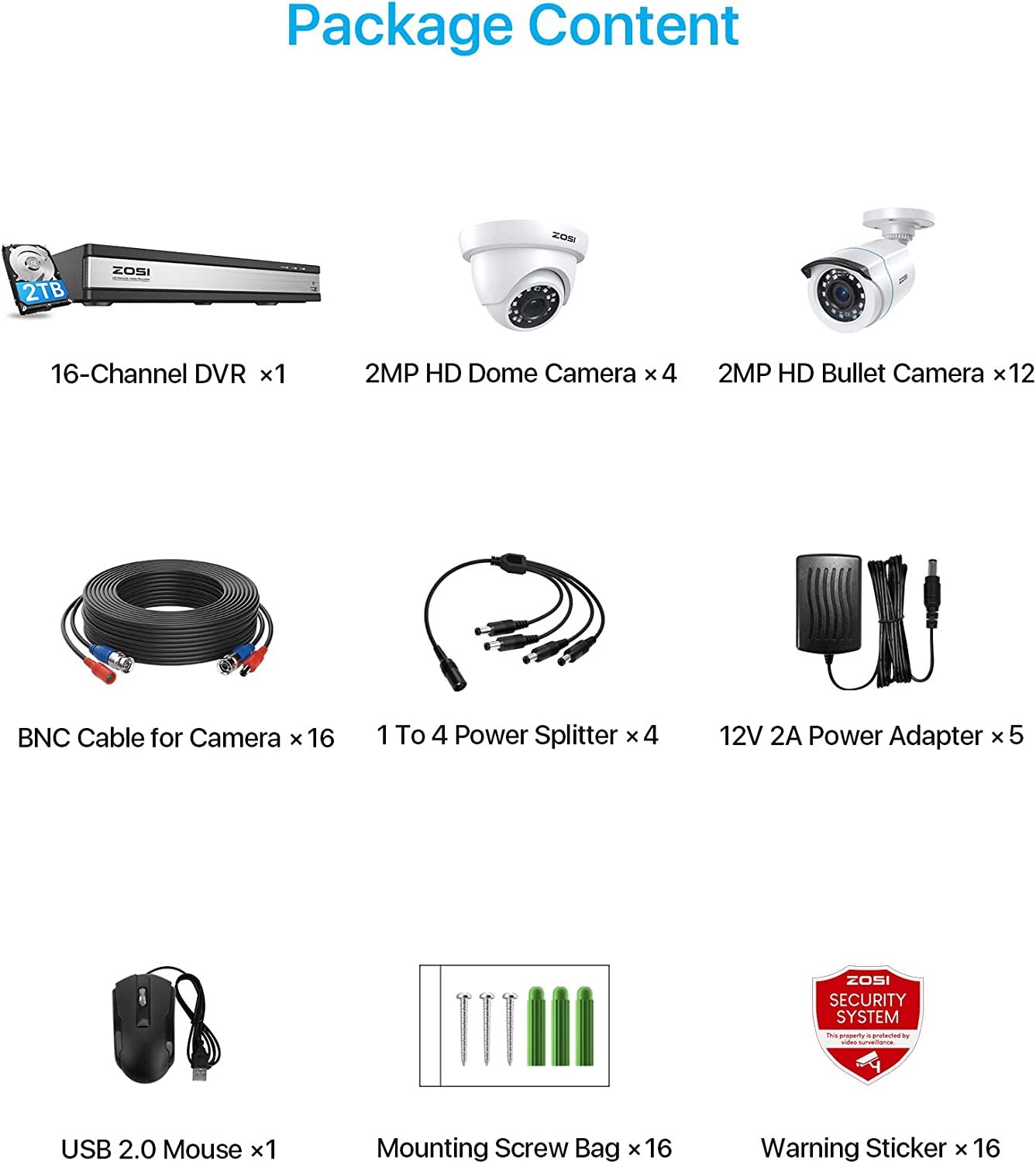 ZOSI 16CH 5MP-Lite DVR 1080p Outdoor Home CCTV Security Camera System 2TB