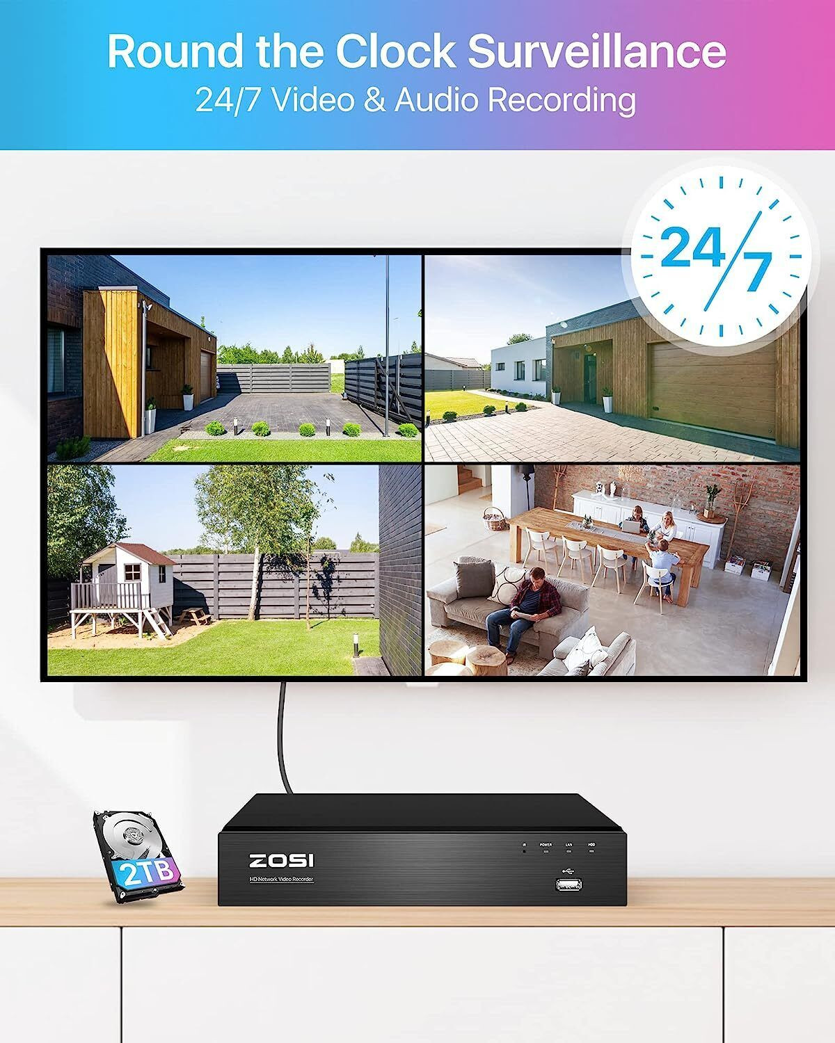ZOSI 8CH 4K PoE NVR Security Instant Alert Camera System Remote Access 2TB HDD